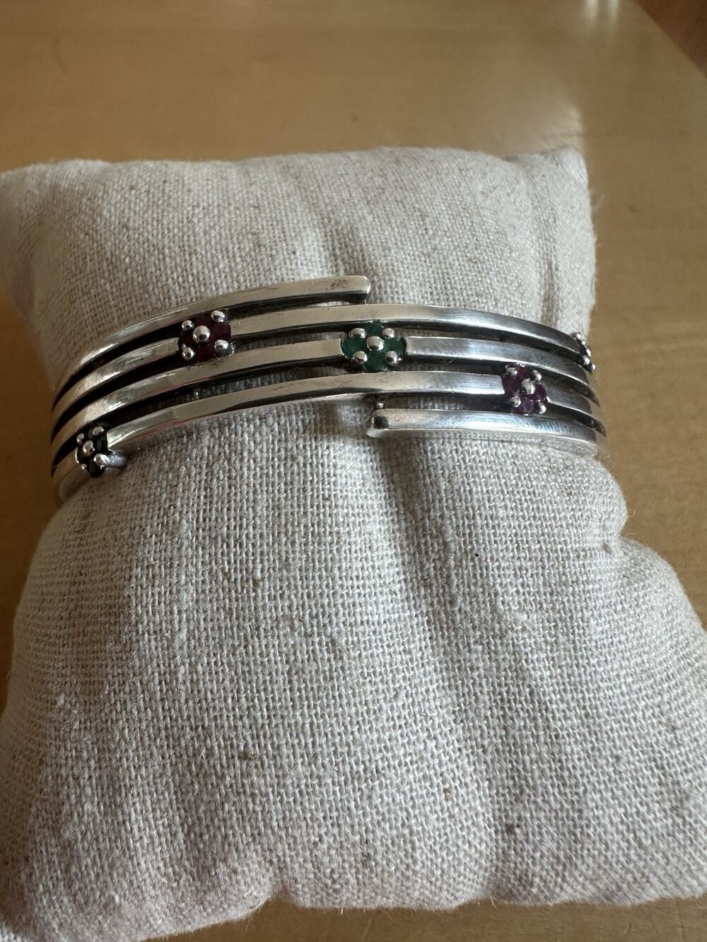 Vintage Sterling Silver W/colorful Gemstones Cuff Bracelet 27 Grams MCM